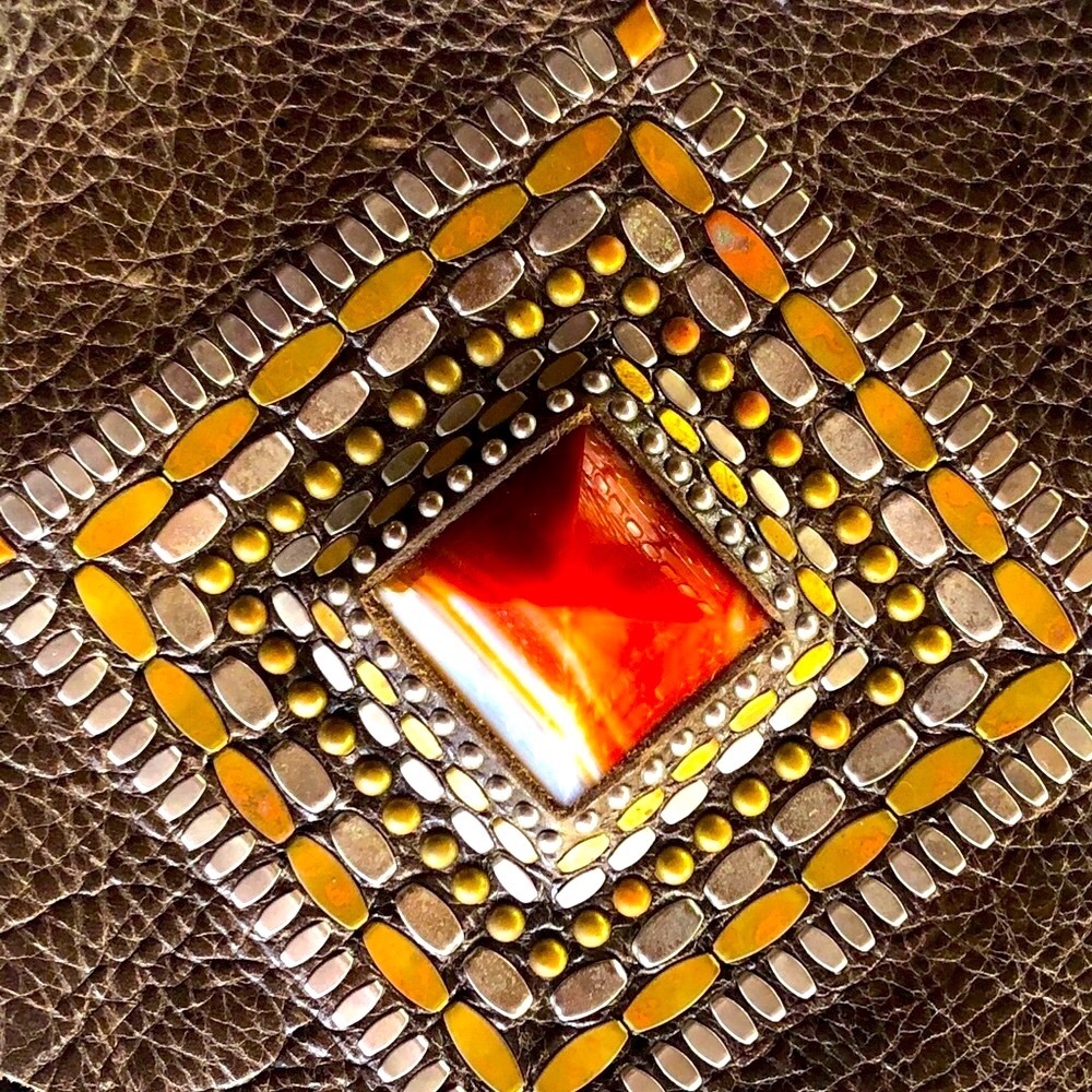 Calleen Cordero Joyti Metallic Khaki Messenger Bag with Carnelian Stone Studs - Picture 6 of 15
